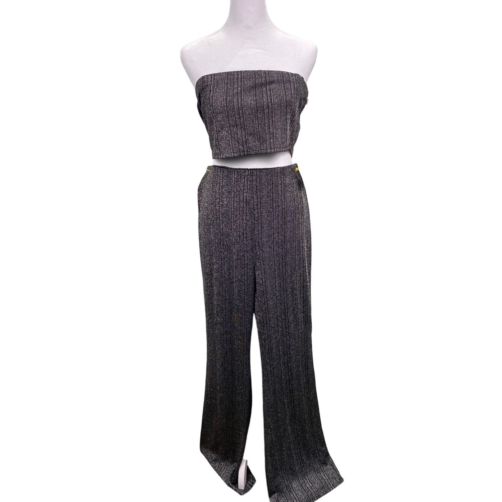 Paperroc XL Womens Metallic Silver Black Tube Top‎ & Wide Leg Pants Set
